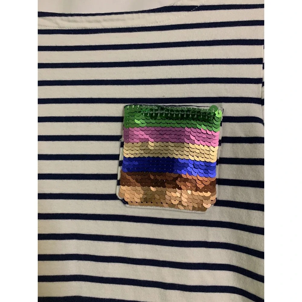Mini Boden 2pc Outfit Set Girls 10Y Navy Stripe Sequin Top Unicorn Terry Shorts